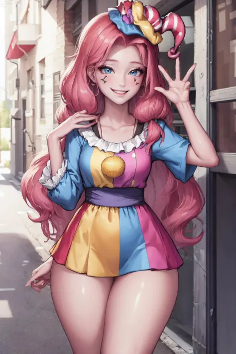 (1girl, one girl), (solo:1.3), (mlppinkiepie:1.3),pale skin, long hair, blue_eyes, (smiling, happy:1.3), (pink curly hair:1.2), BREAK
standing,(slightly chubby,wide hips,thick_thighs:1.2),, BREAK
(ClownFashion, clown atire, colorful clothing,happy pose:1.3), BREAK
(cute_background, daylight,detailed_background:1.3), BREAK
best quality, masterpiece, detailed background, highly detailed, intricate, detailed face, long eyelashes, detailed eyes, <lora:Kidmo-LyCoris-V2:1><lora:mlp_pinkiepie:0.8><lora:GoodHands-vanilla:1> <lora:ClownFashion:0.6>