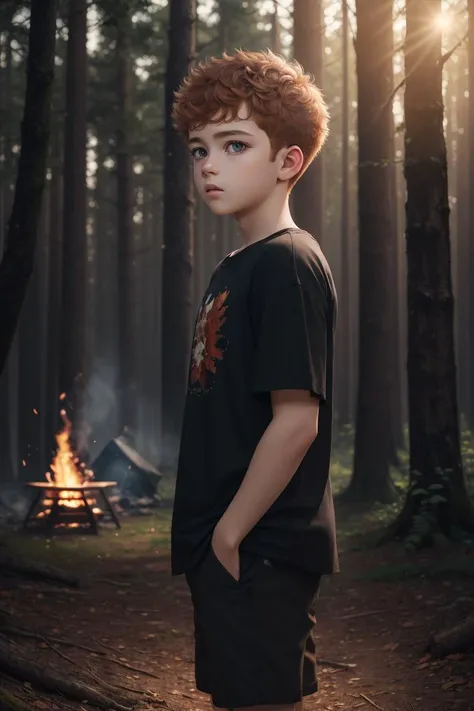 RAW, (masterpiece, best quality, photorealistic, absurdres, 8k:1.2), best lighting, complex pupils, detailed background, 
 forest, dusk, 1boy, mid-range, standing, from side, focused, looking at viewer, broad shoulders, t-shirt, shorts, buzz cut, ginger hair, campfire,