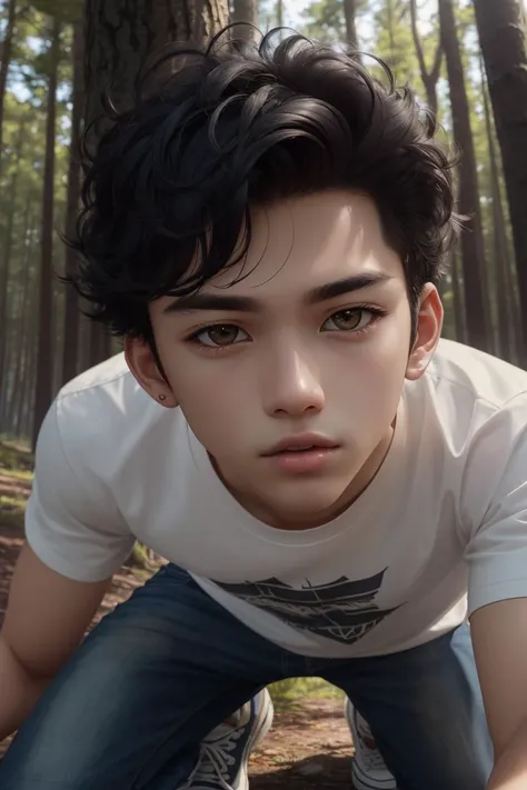 RAW, (masterpiece, best quality, photorealistic, absurdres, 8k:1.2), best lighting, complex pupils, complex textile, detailed background, 
forest, noon, windy, 1boy, yellow skin, close up, kneeling, from below, serious, broad shoulders, oily skin, brown eyes, t-shirt, jeans, sneakers, buzz cut, black hair, watch, feathers