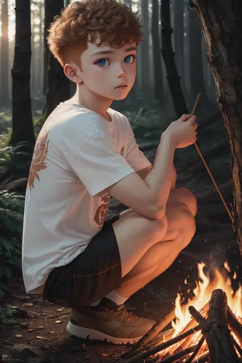 RAW, (masterpiece, best quality, photorealistic, absurdres, 8k:1.2), best lighting, complex pupils, detailed background,
forest, dusk, 1boy, mid-range, crouching, from behind, focused, broad shoulders, t-shirt, shorts, buzz cut, ginger hair, campfire,