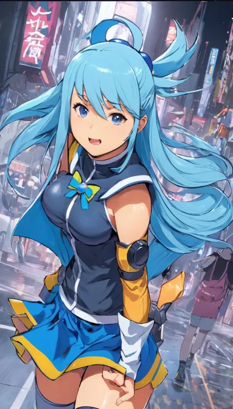 Aqua, Konosuba, (reimagined in a cyberpunk universe), (cyberpunk style), (cyberpunk), (cyberpunk outfit), augmentation, cybernetics, (cyberpunk outfit), (punk hair), glowing neon lights, cinematic scene, hero view, action pose, masterpiece, best quality, high quality, absurdres, vivid <lora:aqua_xl_v1:1>, (Anime Scene, Toonshading, Satoshi Kon, Ken Sugimori, Hiromu Arakawa:1.2), (Anime Style, Manga Style:1.3), Low detail, sketch, concept art, line art, webtoon, manhua, hand drawn, defined lines, simple shades, minimalistic, High contrast, Linear compositions, Scalable artwork, Digital art, High Contrast Shadows, glow effects, humorous illustration, big depth of field, Masterpiece, colors, concept art, trending on artstation, Vivid colors, dramatic