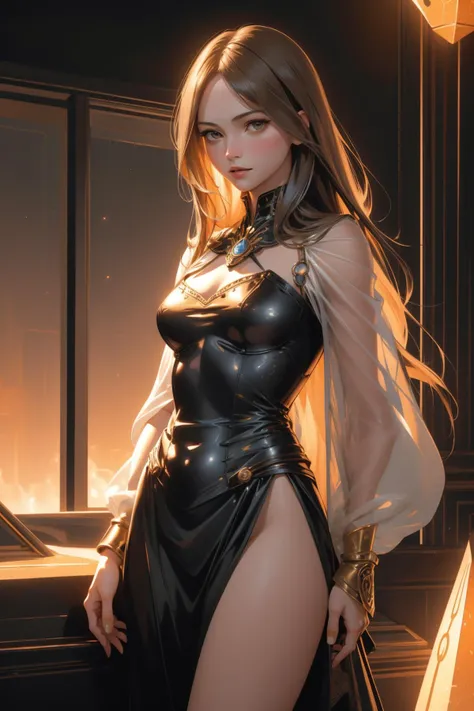 1girl,a beautiful fashion model ,(masterpiece, detailed background, best quality), shiny hair, light blonde hair with blonde highlights dark roots, ,smirk,juicy lips, full lips, calmart, lingerie, stripping, elegant makeup, sci fi environment, wielding laser hand gun