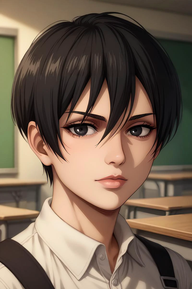 score_9, score_8_up, score_7_up, source_anime, rating_safe, , anime screencap, , , , depth of field, 1girl, solo, <lora:mikasa_ackerman_pony:0.78>, mikasa_ackerman, black hair, black eyes, , very short hair, pixie cut, close-up, classroom, dark, the pose, :D, , <lora:sdxl_lightning_8step_lora:1>