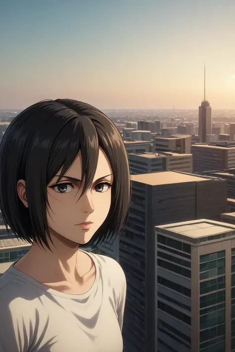 score_9, score_8_up, score_7_up, source_anime, rating_safe, intricate details, semi-realistic, , , 1girl, solo, <lora:mikasa_ackerman_pony:0.88>, mikasa_ackerman, black hair, black eyes, s4, close-up, rooftop, tokyo \(city\), building, skyscraper, light, arms at sides, distracted, aloof, oblivious, , <lora:sdxl_lightning_8step_lora:1>