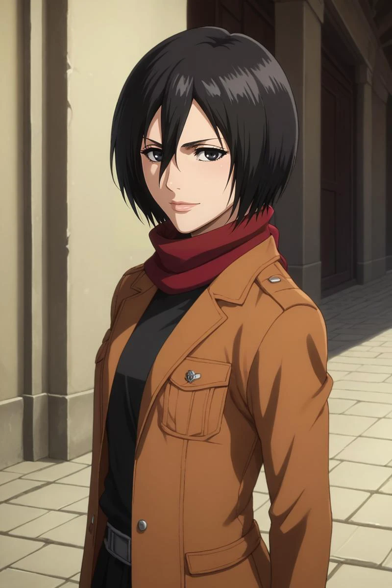 score_9, score_8_up, score_7_up, source_anime, rating_safe, , semi-realistic, looking at viewer, , 1girl, <lora:mikasa_ackerman_pony:0.70>, mikasa_ackerman, black hair, black eyes, hair between eyes, short hair, lips, scarf, jacket, paradis military uniform, solo, from side, corridor, day, sunny, arms behind back, laughing, <lora:bleach_style_pony:0.66>, bleach_style, <lora:sdxl_lightning_8step_lora:1>