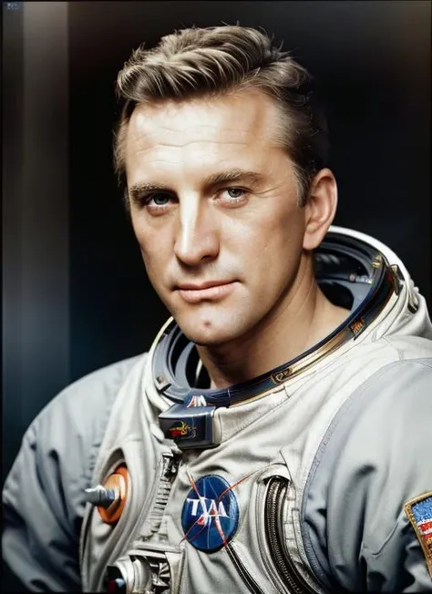 ( <lora:KirkDouglas:.8>) Portrait photo of (kd1) man with short blonde hair, Detailed face, (perfect eyes), (realistic matte skin:1.1), perfect body, wearing ((Apollo-Soyuz Test Project Spacesuit (ASTP)
)), Modelshoot style, Professional Photography, soft lighting, PHOTOREALISTIC, Realistic, standing in a dark studio background, blurred background, volumetric fog,. RAW, analog style, sharp focus, 8k, HD, DSLR, high quality, Fujifilm XT3, film grain, award winning, masterpiece,