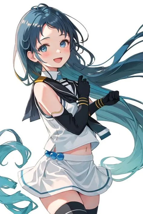 best quality, masterpiece, highres, solo, {samidare_kantaicollection:1.15}, blue_hair, long_hair, blue_eyes, very_long_hair, bangs, serafuku, swept_bangs, sleeveless, smile, gradient_hair, open_mouth, blush, multicolored_hair, 1girl, black_gloves, black_neckerchief, black_sailor_collar, cowboy_shot, elbow_gloves, gloves, neckerchief, sailor_collar, school_uniform, shirt, skirt, sleeveless_shirt, white_skirt, looking_at_viewer, white_background, simple_background, black_thighhighs, thighhighs, white_serafuku