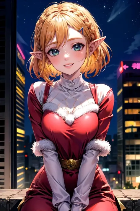 (masterpiece, best quality, detailed), 1girl, solo, looking at viewer, <lora:zelda_1:0.7>, aazelda, short hair, crown braid, hairclip, pointy ears, <lora:hot_christmas:0.9>, hot christmas, red dress, fur trim, outdoors, cyberpunk, city, night, city lights, neon lights, skyscraper, graffiti, dark, <lora:breasts_squeezed_together_v0.2:1> (breasts squeezed together, v arms), smile, parted lips, happy, blush