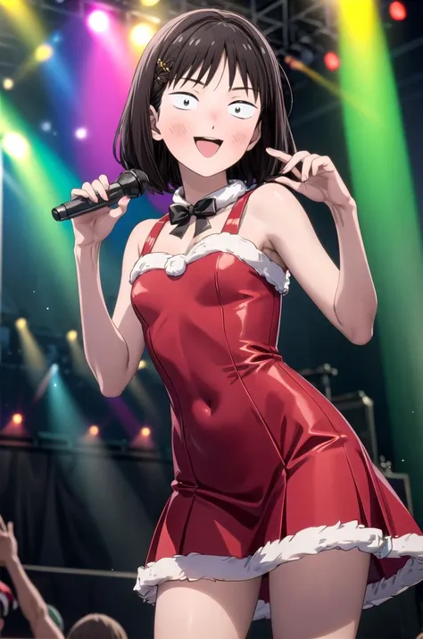 (masterpiece, best quality, detailed), 1girl, solo, looking at viewer, <lora:mitsumi_iwakuraV1:0.85>, iwakura_mitsumi, short hair, bob cut, black eyes, small pupils, black hair, <lora:hot_christmas:0.9>, hot christmas, red dress, fur trim, stage, stage lights, spotlight, concert, audience, contrapposto, smile, open mouth