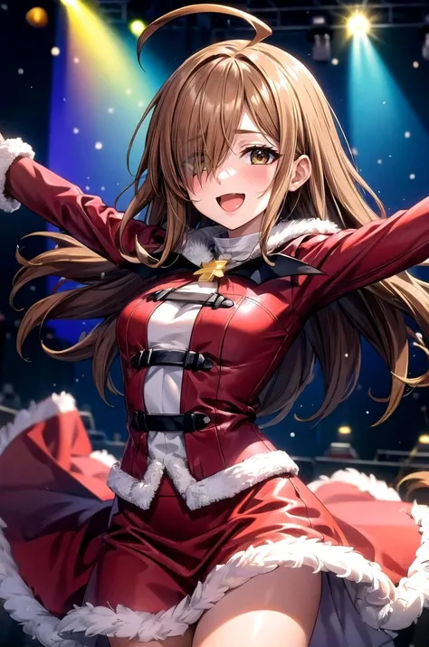 (masterpiece, best quality, detailed), 1girl, solo, looking at viewer, <lora:Wiz - Konosuba v1:1>, wizrnd, brown hair, long hair, hair over one eye, ahoge, brown eyes, <lora:hot_christmas:0.9>, hot christmas, red dress, fur trim, stage, stage lights, spotlight, concert, audience, jumping, outstretched arms, arms up, midair, smile, open mouth, blush