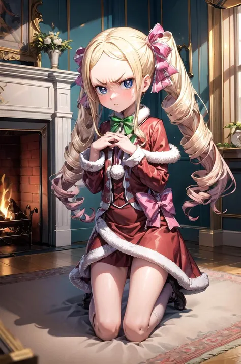 (masterpiece, best quality, detailed), 1girl, solo, looking at viewer, aabeatrice, symbol-shaped pupils, long hair, twin drills, sidelocks, hair ribbon, pink bow,
<lora:hot_christmas:0.9>, hot christmas, red dress, fur trim, indoors, wooden floor, fireplace, on floor, (persian carpet), kneeling, hand on own chest, closed mouth, annoyed, v-shaped eyebrows