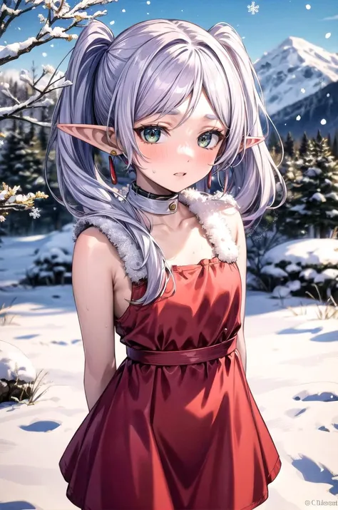 (masterpiece, best quality, detailed), 1girl, solo, looking at viewer, aafrie, long hair, white hair, twintails, pointy ears, earrings, thick eyebrows, flat chest, hair over shoulder,
<lora:hot_christmas:0.9>, hot christmas, red dress, fur trim, outdoors, winter, mountain, snow, bare tree, scenery, (snowing), arms behind back, parted lips, blush, sweatdrop