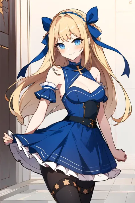masterpiece, best quality,
solo,
cowboy shot,
facing viewer,
soft smile, light smile,
1girl, blue eyes, long blonde hair, french braid, bangs, medium breasts,
hair ribbon, frilled choker, criss-cross halter, sleeveless dress, high-waist skirt, backless dress, waist bow, detached sleeves, frilled sleeves, wide sleeves, pantyhose, patterned legwear, mary janes,
 <lora:WaeroArtist:1>, waerostyle