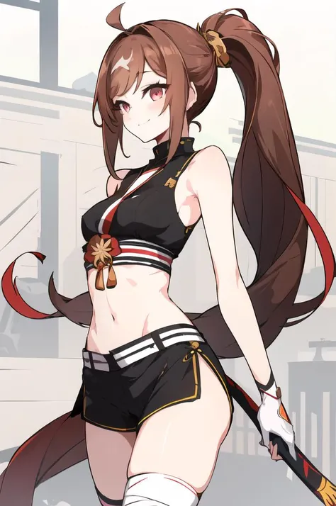 masterpiece, best quality,
solo,
cowboy shot,
facing viewer,
soft smile, light smile,
 <lora:WaeroArtist:1>, waerostyle,, , 1girl, red eyes, tsurime, brown hair, medium hair, asymmetrical bangs, swept bangs, parted bangs, cowlick, spiked hair, flipped hair, (folded ponytail:1.2), small breasts,, , shimenawa hair tie, sleeveless turtleneck, crop top, groin, (shimenawa:1.3), (shimenawa sash:1.3), (overskirt:1.2), shorts, flats, bandaged hand, gloves, bare legs,
