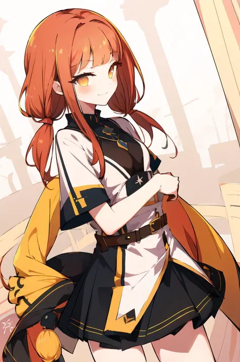 masterpiece, best quality,
solo,
cowboy shot,
facing viewer,
soft smile, light smile,
<lora:WaeroArtist:1>, waerostyle,, , 1girl, red hair, swept bangs, parted bangs, medium hair, low twintails, orange eyes, amber eyes, small breasts, tsurime,