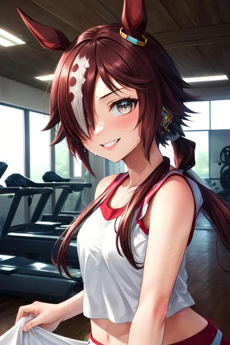 mejiro palmer\(umamusume\), (((ultra-detailed face))), symmetrical face, beautiful face, (masterpiece), best quality, sports bra, gym room, front, horse tail, smile, muscular, (abs:0.85), workout