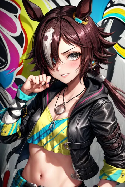 (masterpiece), best quality, (((ultra detailed, 8k quality))), expressive eyes, perfect face, perfect anatomy, perfect body, scene, <lora:scene_:0.7>,  <lora:more_details:0.7>, <lora:beautiful_detailed_eyes:0.5>,, <lora:give_it_a_name:0.7>,
1girl, umpdvodka, smile, hair over one eye, ponytail, horse tail, midriff, <lora:umamusume_vodka-10:0.8>, 
urban and street style, graffiti-inspired colors, cool and edgy attire, baggy pants, oversized hoodie, stylish sneakers, fashionable accessories, hip hop jewelry, confident expression, graffiti walls, energetic and vibrant atmosphere <lora:GoodHands-beta2:1>