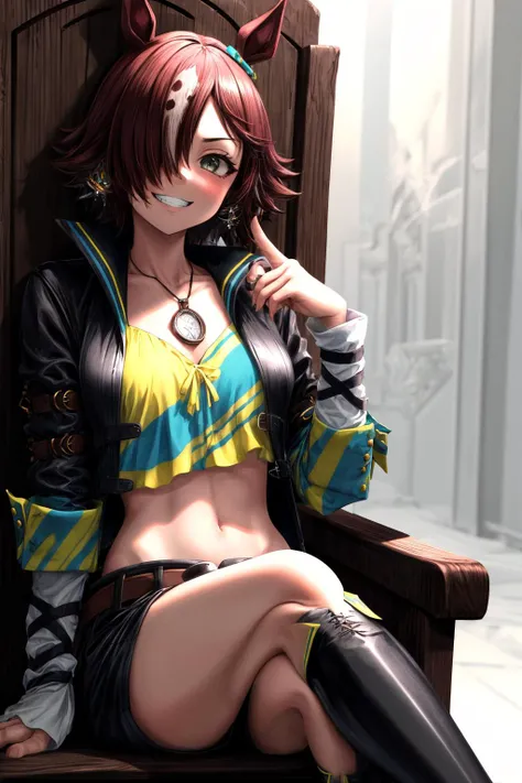 (masterpiece), best quality, (((ultra detailed, 8k quality))), expressive eyes, perfect face, perfect anatomy, perfect body, scene, <lora:scene_:0.7>, <lora:more_details:0.7>, <lora:beautiful_detailed_eyes:0.5>, <lora:GoodHands-beta2:0.7>, <lora:give_it_a_name:0.7>,
1girl, umpdvodka, smile, hair over one eye, ponytail, jacket, long sleeves, yellow shirt, shorts, thigh boots, belt, horse tail, midriff, <lora:umamusume_vodka-10:1>, sitting, thrones, crossed legs, grin,