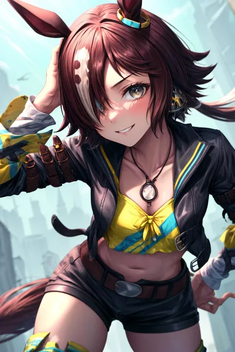 (masterpiece), best quality, (((ultra detailed, 8k quality))), expressive eyes, perfect face, perfect anatomy, perfect body, scene, <lora:scene_:0.7>, <lora:more_details:0.7>, <lora:beautiful_detailed_eyes:0.5>, <lora:GoodHands-beta2:0.7>, <lora:give_it_a_name:0.7>,
1girl, umpdvodka, smile, looking at viewer, leaning forward, hair over one eye, ponytail, jacket, long sleeves, yellow shirt, shorts, thigh boots, belt, horse tail, midriff, outdoors <lora:umamusume_vodka-10:1>