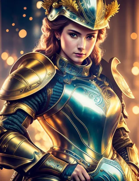 a close up of a woman wearing a helmet, robort, serious looking, portrait, rococo, looks straight ahead, glowing, realistic fantasy photography, dressed in light armor, soft diffuse lighting, in leather armor, female-focus, imperium, fantasy paladin woman,  <hypernet:LadyRa-3500:0.7>