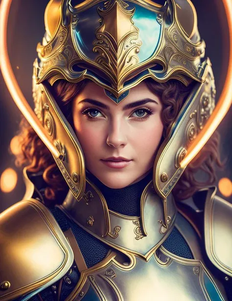 a close up of a woman wearing a helmet, robort, serious looking, portrait, rococo, looks straight ahead, glowing, realistic fantasy photography, dressed in light armor, soft diffuse lighting, in leather armor, female-focus, imperium, fantasy paladin woman,  <hypernet:LadyRa-3500:0.7>