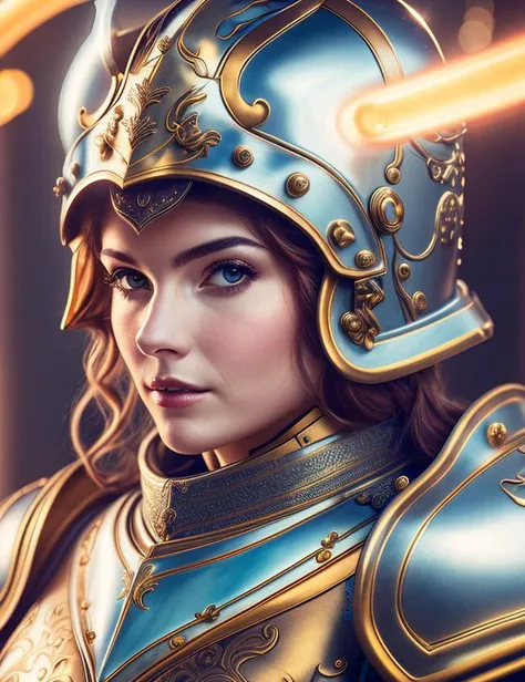 a close up of a woman wearing a helmet, robort, serious looking, portrait, rococo, looks straight ahead, glowing, realistic fantasy photography, dressed in light armor, soft diffuse lighting, in leather armor, female-focus, imperium, fantasy paladin woman,  <hypernet:LadyRa-3500:0.7>