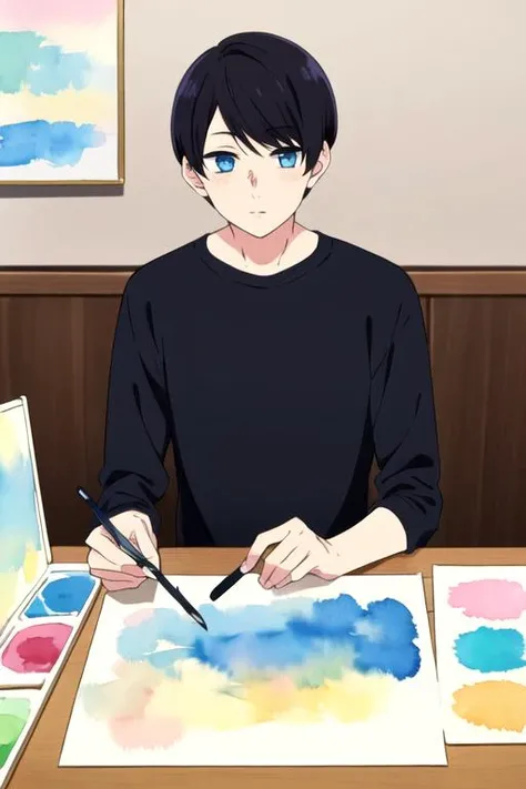(best quality:1.1), (masterpiece:1.4), sketch, 1boy, solo, male focus, , , , (watercolor illustration, soft pastel colors:1.1), , <lora:mikoto_yuzuki:0.76>, mikoto_yuzuki, black hair, blue eyes, short hair