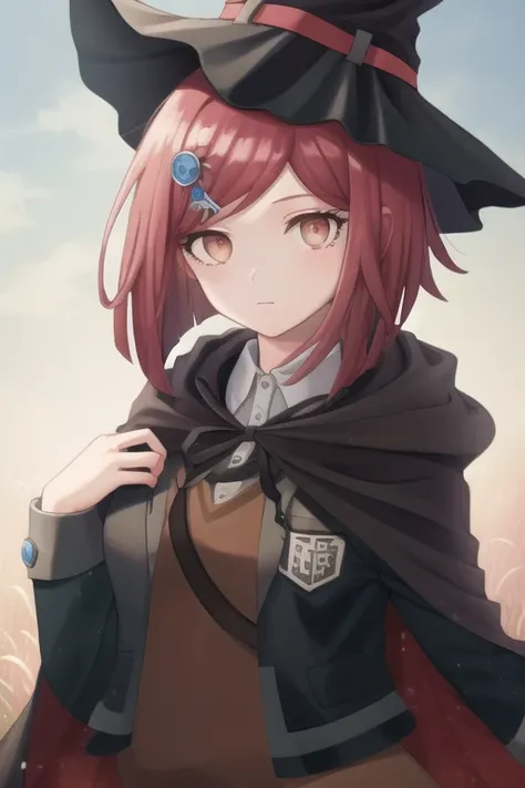 Masterpiece, Best Quality, <lora:HimikoDG:1>, 1girl, hat, upper body, closed mouth, witch hat, outdoors, sky, cape, pleated skirt, jacket, black jacket,