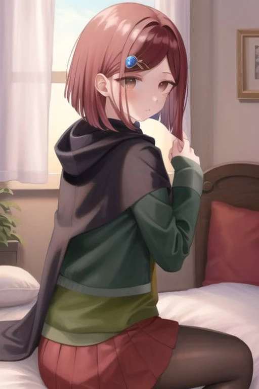 Masterpiece, Best Quality, <lora:HimikoDG:1>, 1girl, closed mouth, sky, cape, pleated skirt, black jacket, red skirt, miniskirt, skirt, pantyhose, brown eyes, bed, sitting, from front, indoors,