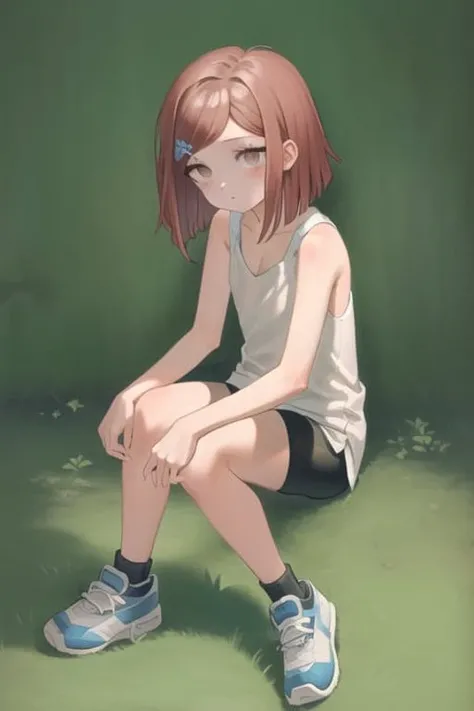 Masterpiece, Best Quality, <lora:HimikoDG:1>, 1girl, closed mouth, brown eyes, full body, tank top, white shirt, bike shorts, upper body, petite,