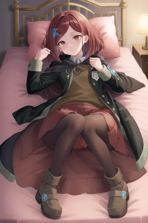 Masterpiece, Best Quality, <lora:HimikoDG:1>, 1girl, closed mouth, cape, pleated skirt, black jacket, red skirt, miniskirt, skirt, pantyhose, brown eyes, bed, lying, full body, indoors,