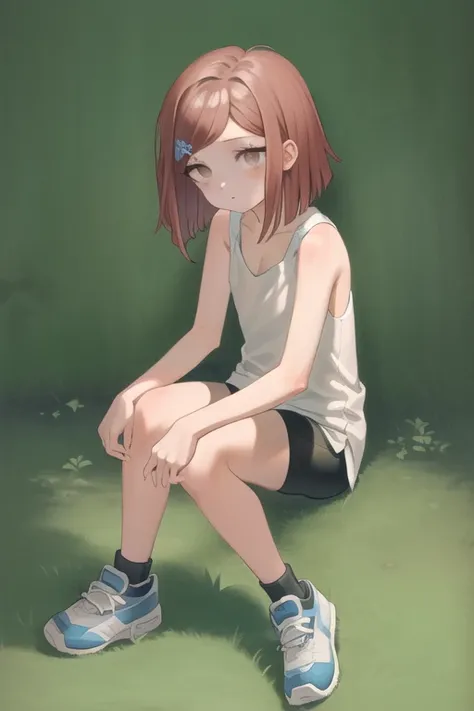 Masterpiece, Best Quality,  <lora:HimikoDG:1>, 1girl, closed mouth, brown eyes, full body, tank top, white shirt, bike shorts, upper body, petite,
