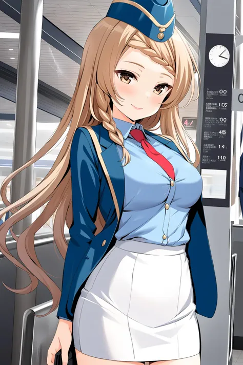 (masterpiece, best quality, very aesthetic, ultra detailed), intricate details, highly detailed background, perfect lightingbest quality, miyoshinao, solo, indoors, train station, garrison cap, blue headwear, light brown hair, ahoge, braided bangs, single braid, long hair, brown eyes, medium breasts, suit, blue jacket, blue shirt, white skirt, miniskirt, pencil skirt, smile, closed mouth, :), pink lips, <lora:Miyoshi-Nao:0.7>