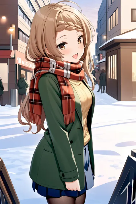 (masterpiece, best quality, very aesthetic, ultra detailed), intricate details, highly detailed background, perfect lightingbest quality, miyoshinao, solo, outdoors, city, winter, light brown hair, ahoge, braided bangs, single braid, long hair, brown eyes, medium breasts, red scarf, plaid scarf, green coat, open coat, yellow sweater, ribbed sweater, long sleeves, blue skirt, black pantyhose, winter clothes, smile, open mouth, :d, pink lips, <lora:Miyoshi-Nao:0.7>