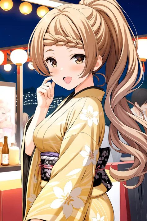 (masterpiece, best quality, very aesthetic, ultra detailed), intricate details, highly detailed background, perfect lightingbest quality, miyoshinao, solo, outdoors, night, summer festival, light brown hair, ponytail, ahoge, braided bangs, long hair, brown eyes, medium breasts, yellow kimono, floral print, japanese clothes, smile, open mouth, :d, pink lips, <lora:Miyoshi-Nao:0.7>