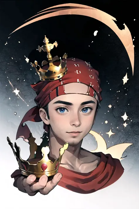 Highly detailed, High Quality, Masterpiece, beautiful, 1boy, Ricardo, red bandana on the head, <lora:Char_Sigmas_RicardoMilos:0.9>, YouDroppedThisKingMeme, Crown, holding, holding crown, <lora:Pos_YouDroppedThisKingMeme:0.85>