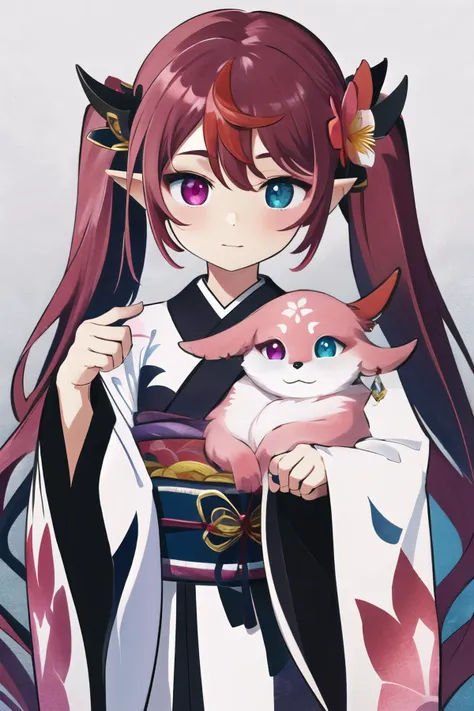 Highly detailed, High Quality, Masterpiece, beautiful, IrysHolo, heterochromia, long hair, twintails, hair ornament, hair flower, wide sleeves, print kimono, obi, <lora:Char_VTuber_IRys:0.9>, YaeMikoFox, <lora:Char_GenshinImpact_YaeMikoFox:1>, holding YaeMikoFox, holding, holding animal,