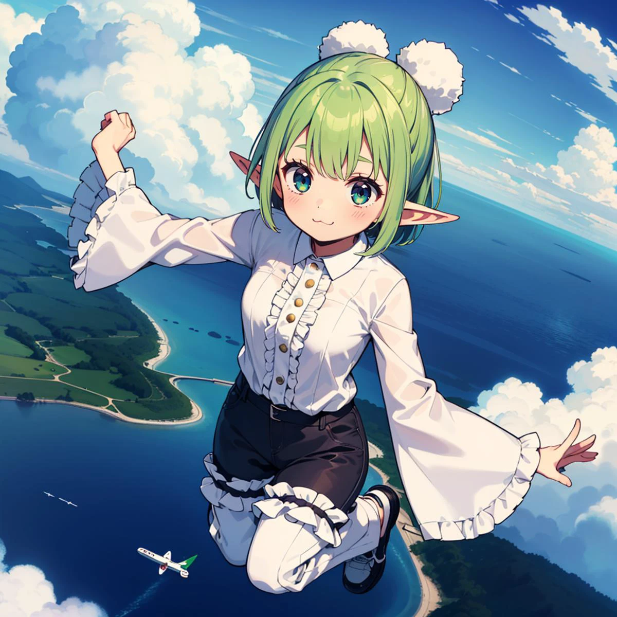 1girl, solo, from above, plane, day, clouds, jumping, green hair, very short hair, topknot, two-tone eyes, elf, pointy ears, medium breasts, (wide sleeves, frilled shirt, pom-pom pants), :\3