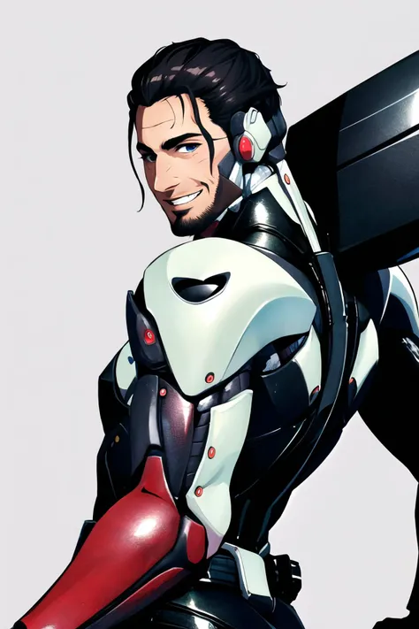 Highly detailed, High Quality, Masterpiece, beautiful, 1boy, Jetstream Sam, facial hair, male focus, beard, cyborg, <lora:Char_MGR_JetstreamSam:0.7>, smile, from behind, looking at viewer, grin,