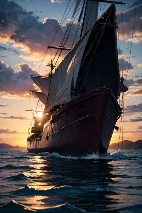 Photo of a ultra realistic sailing ship, dramatic light, pale sunrise, cinematic lighting, battered, low angle, trending on artstation, 4k, hyper realistic, focused, extreme details, unreal engine 5, cinematic, masterpiece, art by studio ghibli, intricate artwork by john william turner, 
cinematic lighting, <lora:add_detail:0.5>, <lora:epi_noiseoffset2:1>,