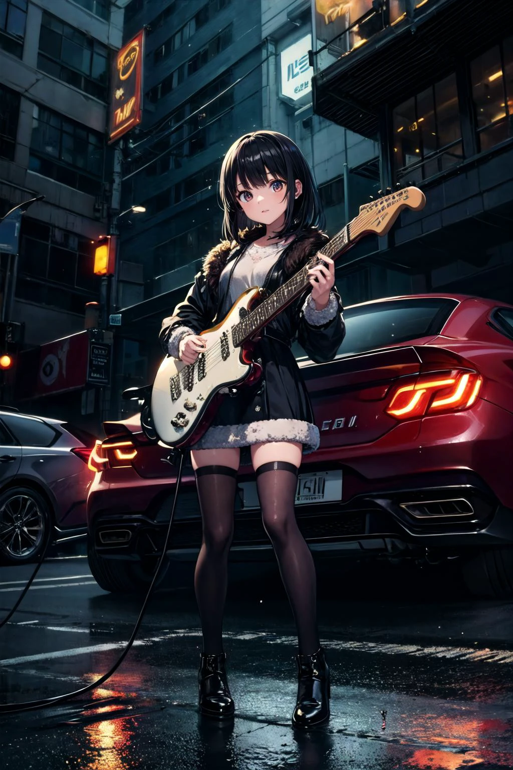 masterpiece, best quality, 1girl, solo, looking at viewer, fur \(clothing\), black hair, black legwear, (electric guitar:1.4), reflection, splash, droplets, rust, sparks, asphalt, ground vehicle, sports car, super car, mechanical, burning, playing instrument, livestream,
cinematic lighting, <lora:add_detail:0.5>, <lora:epi_noiseoffset2:1>,