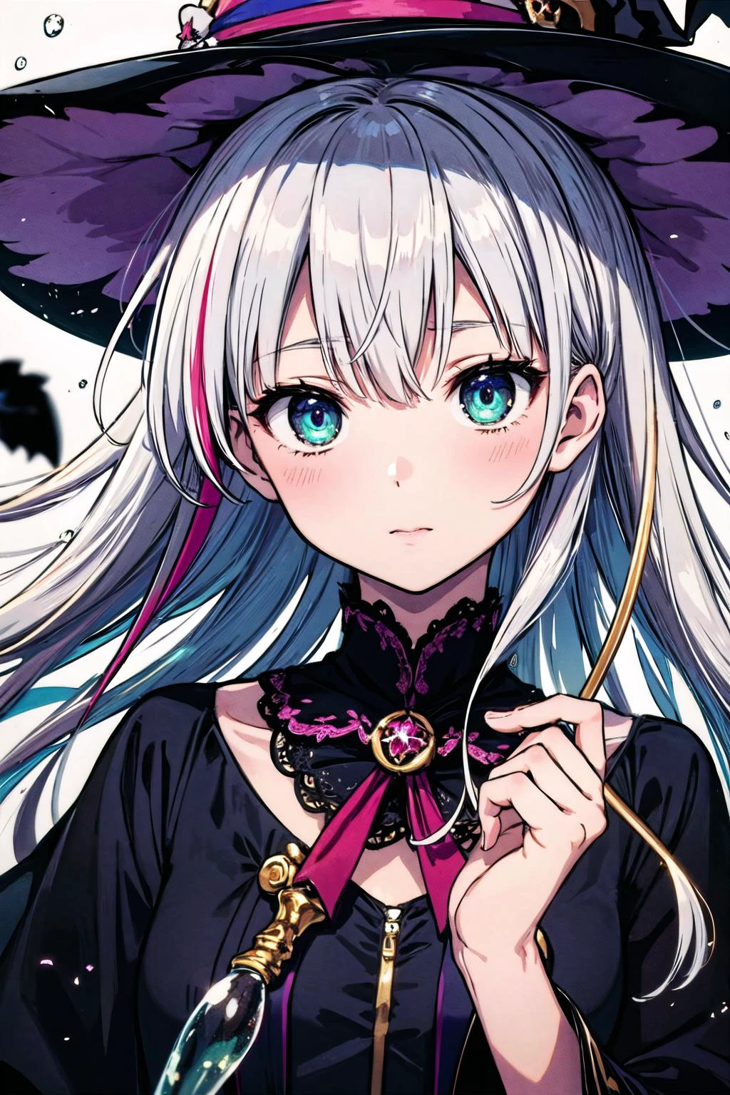 an extremely delicate and beautiful,masterpiece,best quality, ultra-detailed, illustration,Gorgeous and rich graphics,watercolor,realistic,floating,disheveled hair, liquid hair,solo,a girl,beautiful detailed girl,witch hat,holding_magic_cane ,colorful eyes,beautiful detailed eyes,platinum hair,multicolored hair,streaked hair, multicolored clothes,halloween,shining, sunlight,colorful bubble, colorful background,high saturation,surrounded by colorful splashes,
cinematic lighting, <lora:add_detail:0.5>, <lora:epi_noiseoffset2:1>,