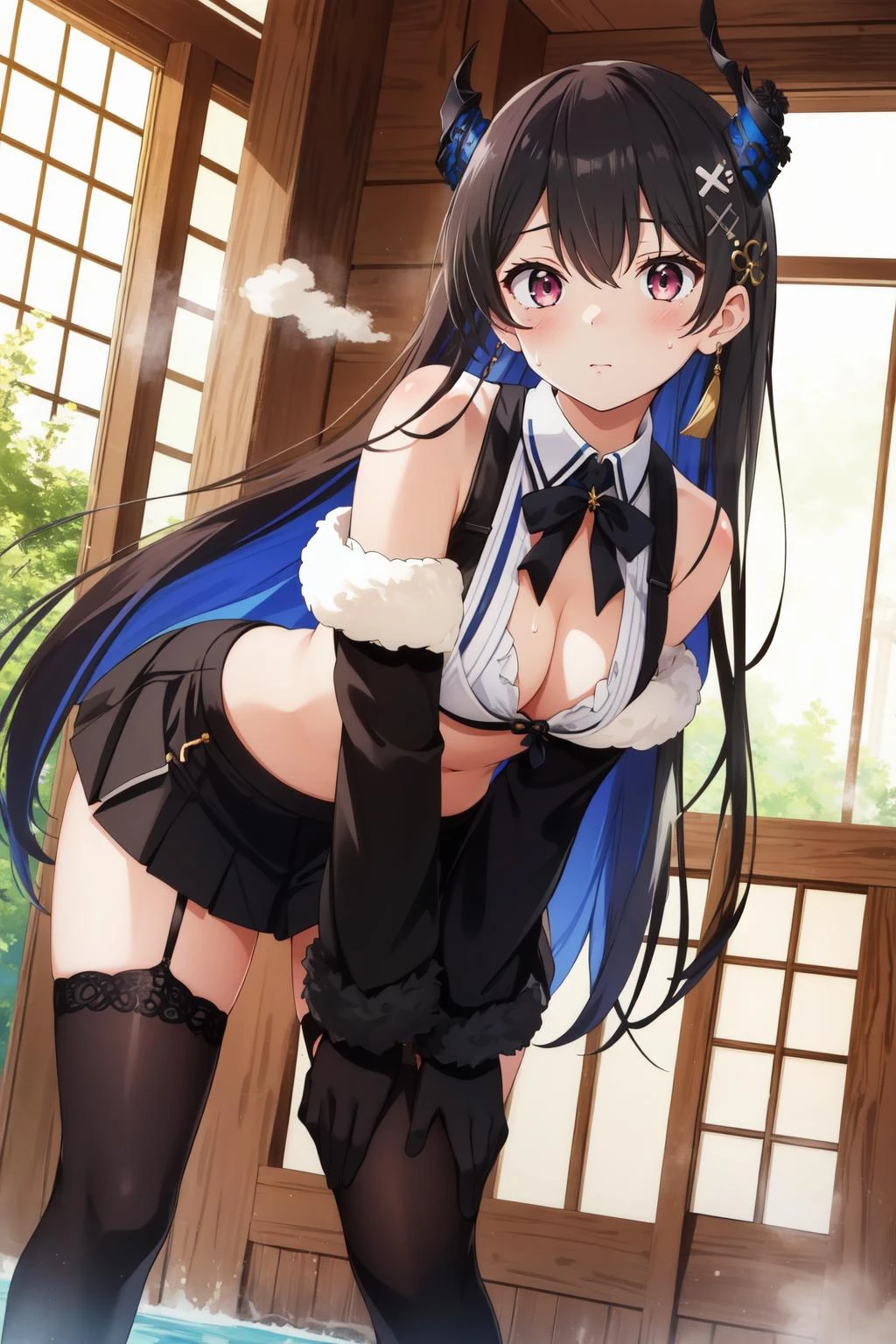 (masterpiece, best quality), intricate details,
1girl, <lora:CHAR-NerissaRavencroft:0.8> NerissaRavencroft, horns, hair ornament, pink eyes, collared shirt, black skirt, garter straps, thighhighs, fur trim, detached sleeves, black gloves,
standing with hands on knees, leaning foward, sweat, cleavage, boob sweat, midriff, sweat on midriff, hot, indoors, onsen, bathing, steam, water,