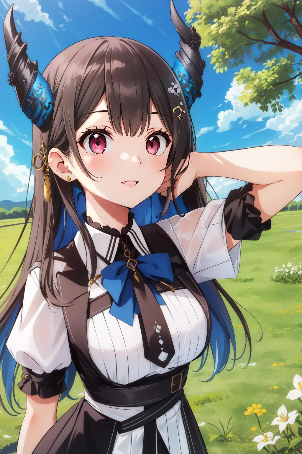 (masterpiece, best quality), intricate details,
1girl, <lora:CHAR-NerissaRavencroft:0.8> NerissaRavencroft, horns, hair ornament, pink eyes,
from above, farm, arm behind head, grass, tree, happy,