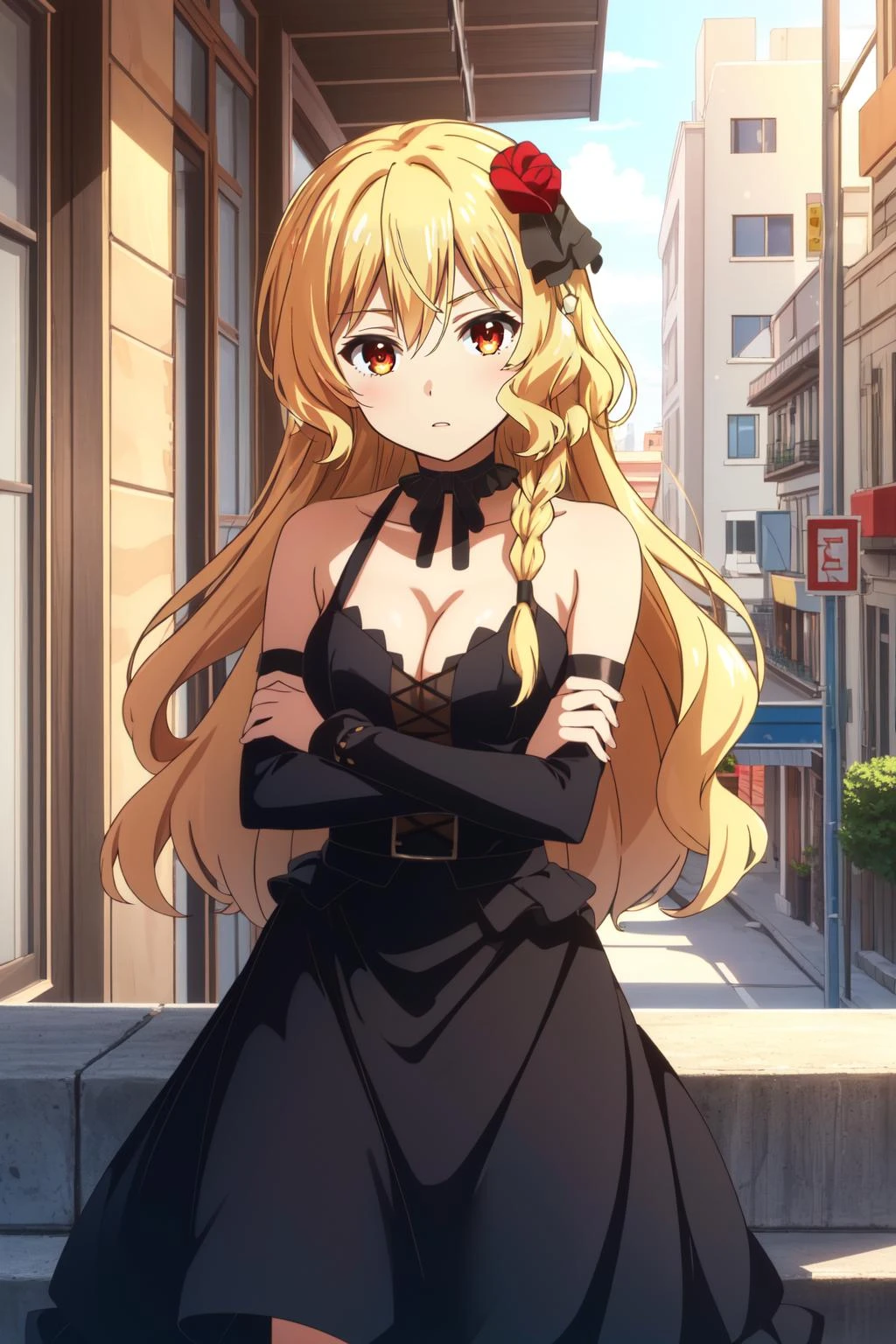 (masterpiece, best quality), intricate details,
1girl, <lora:chara_Rokuaka_CelicaArfonia_v1:0.8> Celica Arfonia, black dress, choker, black ribbon, cleavage, detached sleeves, medium breasts, long hair, blonde hair, red eyes, braid, red rose, hair flower
arms crossed, street, city,