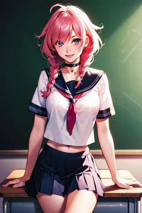 a drawing of  woman, 1girl, (masterpiece:1.3), (high resolution), (8K), (extremely detailed), (4k), (pixiv), perfect face, nice eyes and face, (best quality), (super detailed), detailed face and eyes, (solo), textured skin, absurdres, highres, school uniform, short hair, serafuku, ((pleated skirt, short sleeves, pink hair, double braids, choker, messy hair)), ((sitting, cowboy shot, classroom, chalkboard, desk, legs crossed)), looking at viewer, smiling, <lora:adamhughes-10:0.7>, (adam hughes, colored, painting)