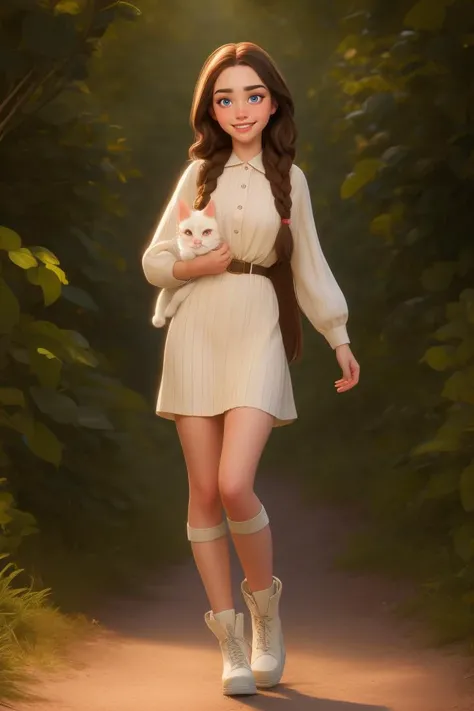 photo realistic, sexy (full body:1.5) cute photo of (LydiaViolet) outdoors holding a kitty, brown hair, braids, freckles, happy, cheerful, sultry, subtle smile, (heavy makeup, blush), soft lighting, pin lighting, golden ratio, rule of thirds, cinematic, film grain,