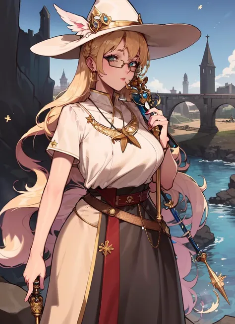 ((best quality)), ((highly detailed)), masterpiece, absurdres, extremely detailed face, beautiful face, (detailed eyes, deep eyes), (1girl), (glasses), straight-on, cowboy shot, ((<lora:whiteMageFashion_v10:.2>, whm_glam, wearing whm_glam, (a hat), (holding a golden magic staff that emanates light:1.235))), princess, ((very long hair)), curly hair, blonde hair, large dress, (maxi skirt), crown, (outdoors, at a stone bridge, twilight, shooting star), <lora:Madbanana Style Lora:.85>, Madbanana