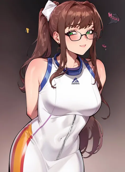 ((best quality)), ((highly detailed)), masterpiece, absurdres, extremely detailed face, beautiful face, (detailed eyes, deep eyes), (1girl), (glasses), sexually suggestive, ((spacesuit)), <lora:ddlc-10:1>, Monika_(doki doki literature club), (green eyes), brown hair, bangs, very long hair, long hair, ponytail, sidelocks, hair bow, white bow, smile, white sundress, leaning forward, arms behind back, sunset, (inside, in a gymnasium), <lora:Madbanana Style Lora:.85>, Madbanana