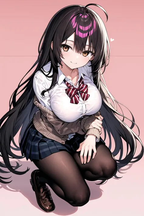 masterpiece, best quality, ultra detailed,1 girl , large breasts , long hair, twin tails, cardigan, ((very short pleated miniskirt)), striped panties, BREAK, panty shot, to lift up one’s skirt, camel toe,